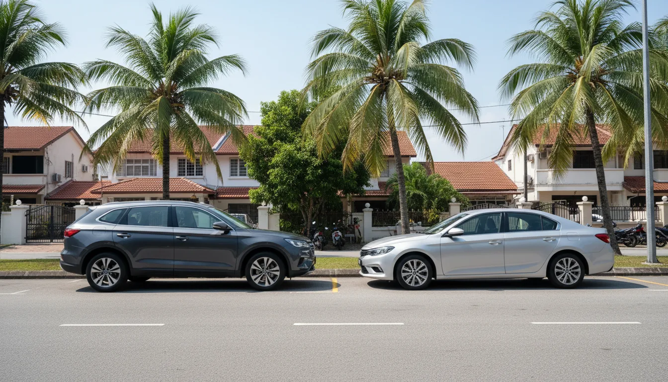 Cars parked in a Malaysian neighbourhood