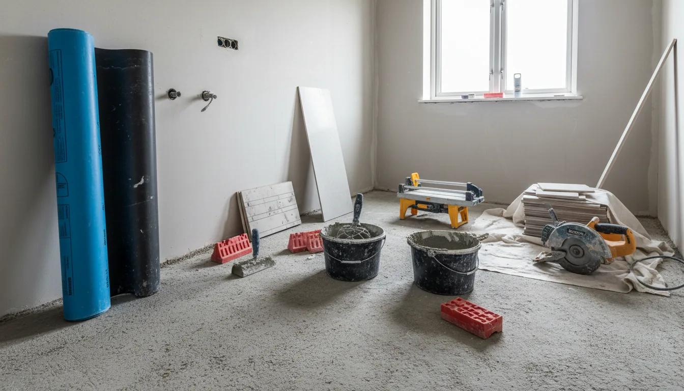 A bathroom mid-waterproofing