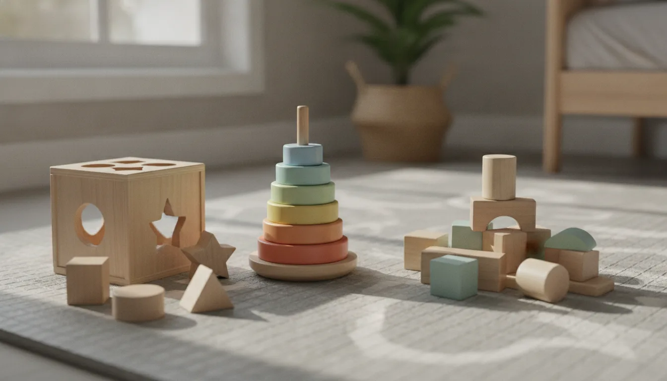 Wooden learning toys on a mat