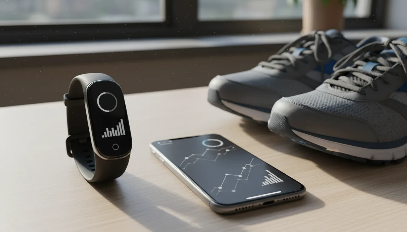A fitness tracker and running shoes