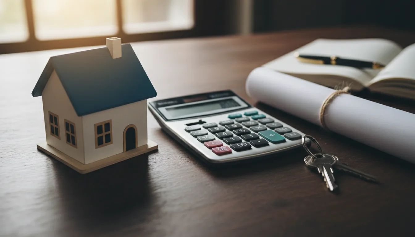 A model house, keys and a calculator