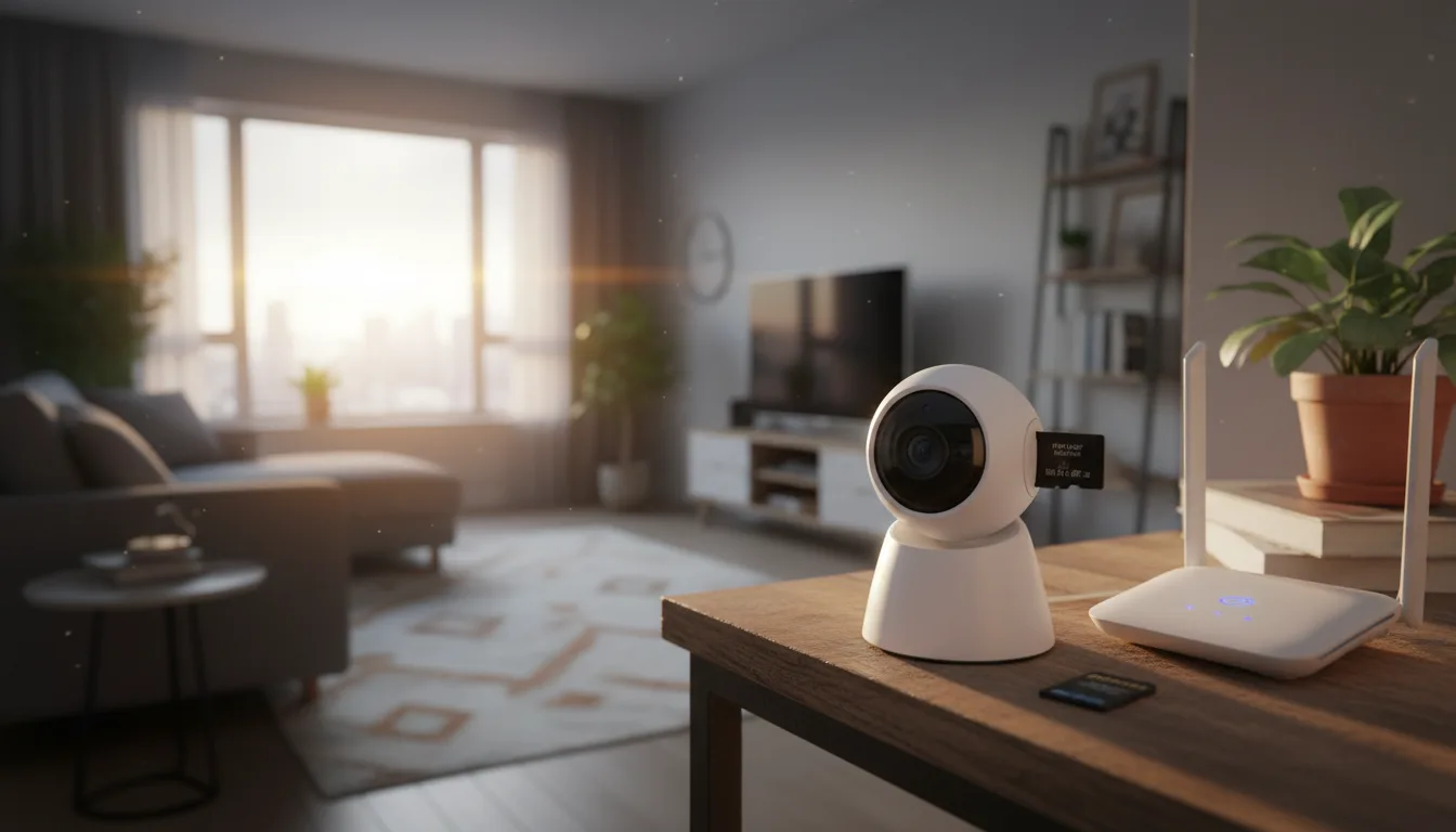 An indoor security camera on a shelf