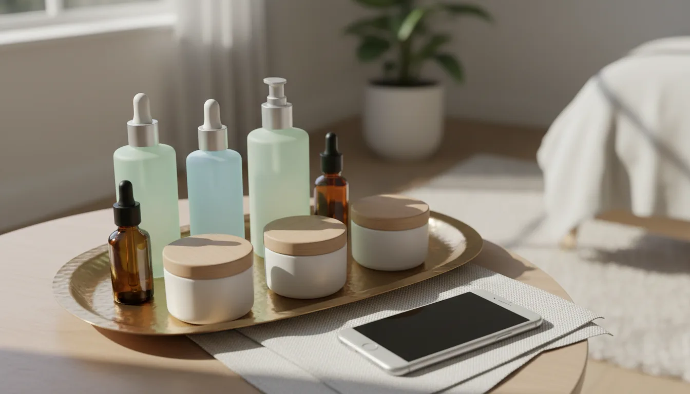 Skincare bottles on a vanity tray