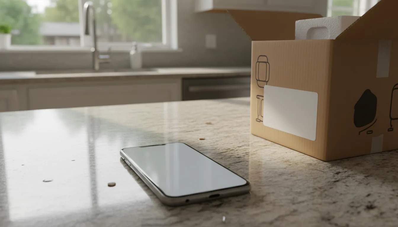 A phone beside an appliance box