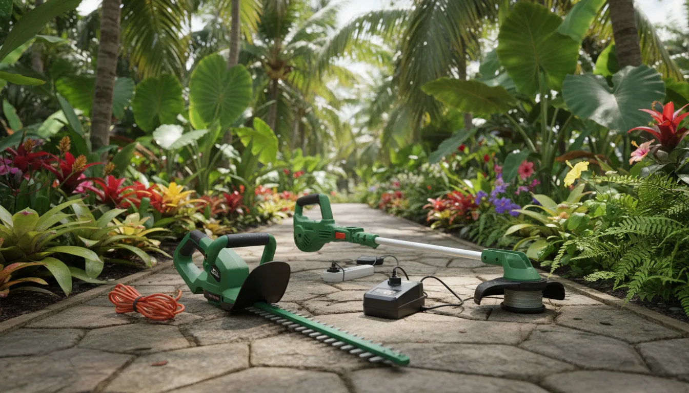 Electric garden tools on a path