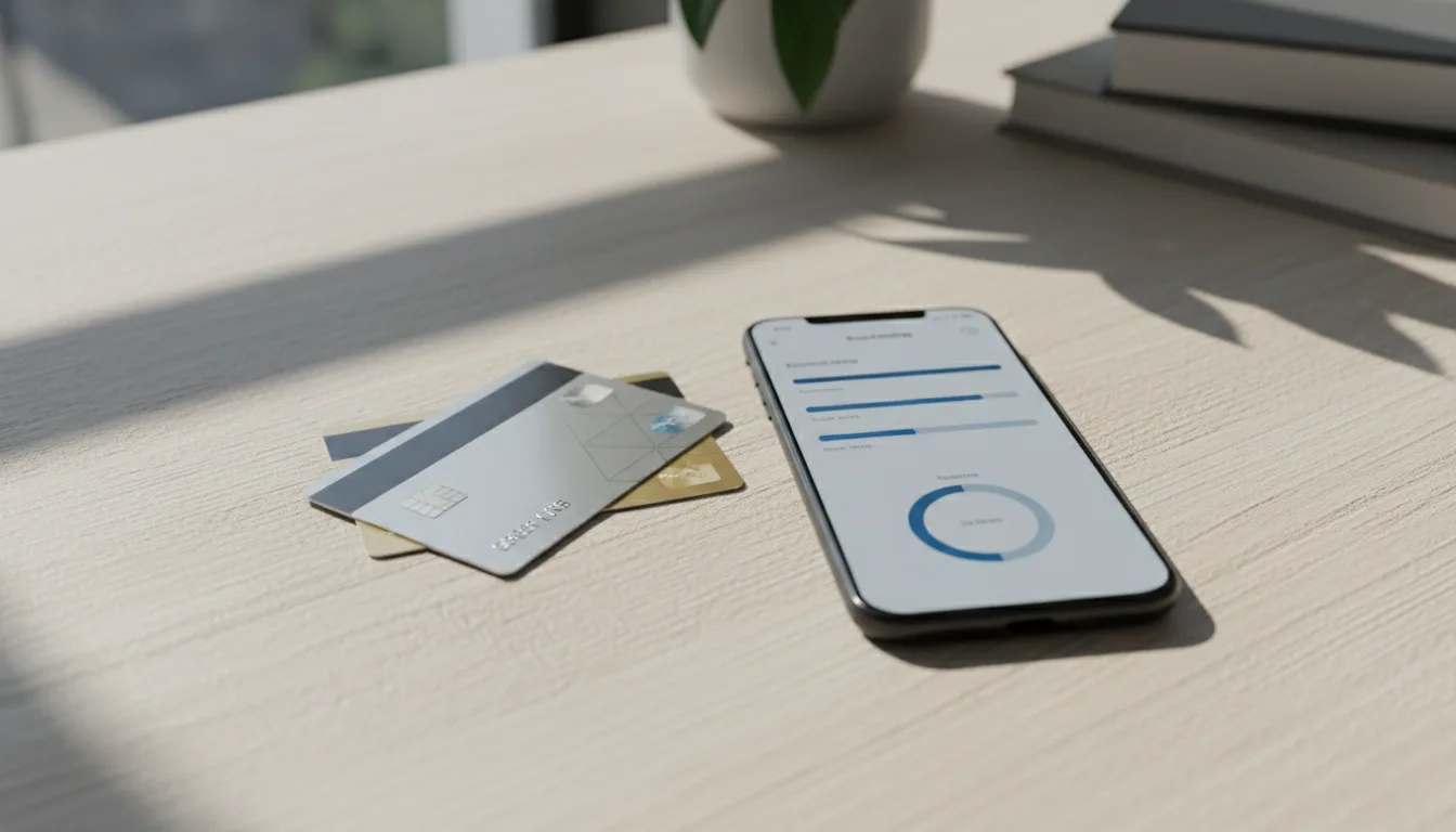 Bank cards and a phone on a desk