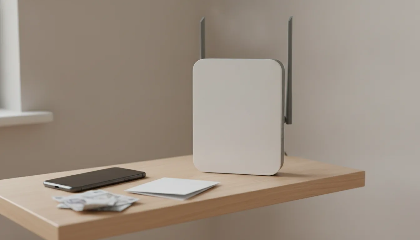 A wifi router, phone and bill
