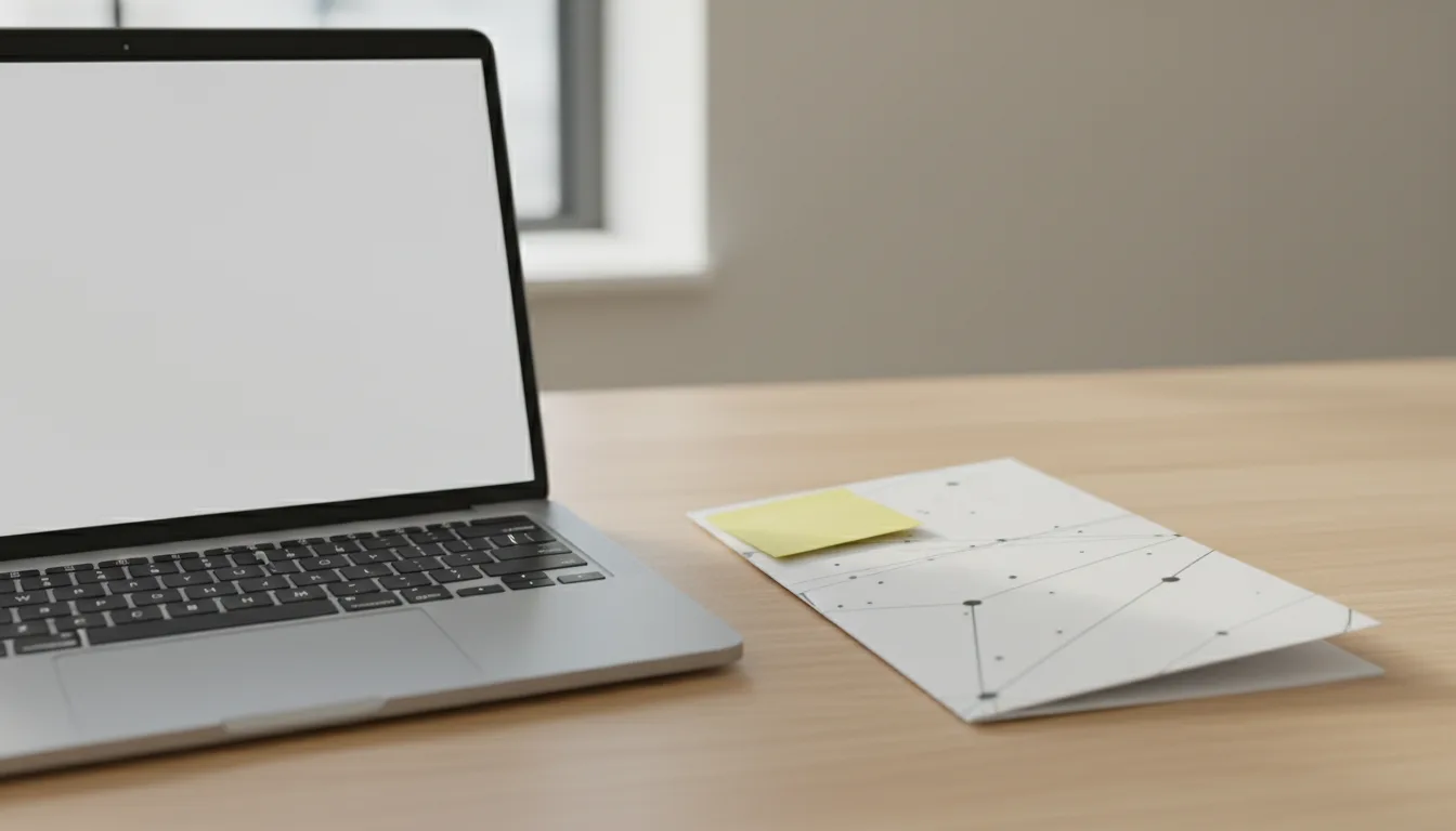A laptop and a brochure on a desk