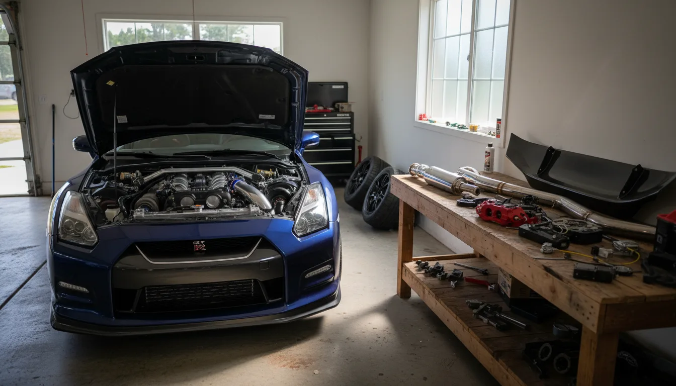 A car with its bonnet open in a garage