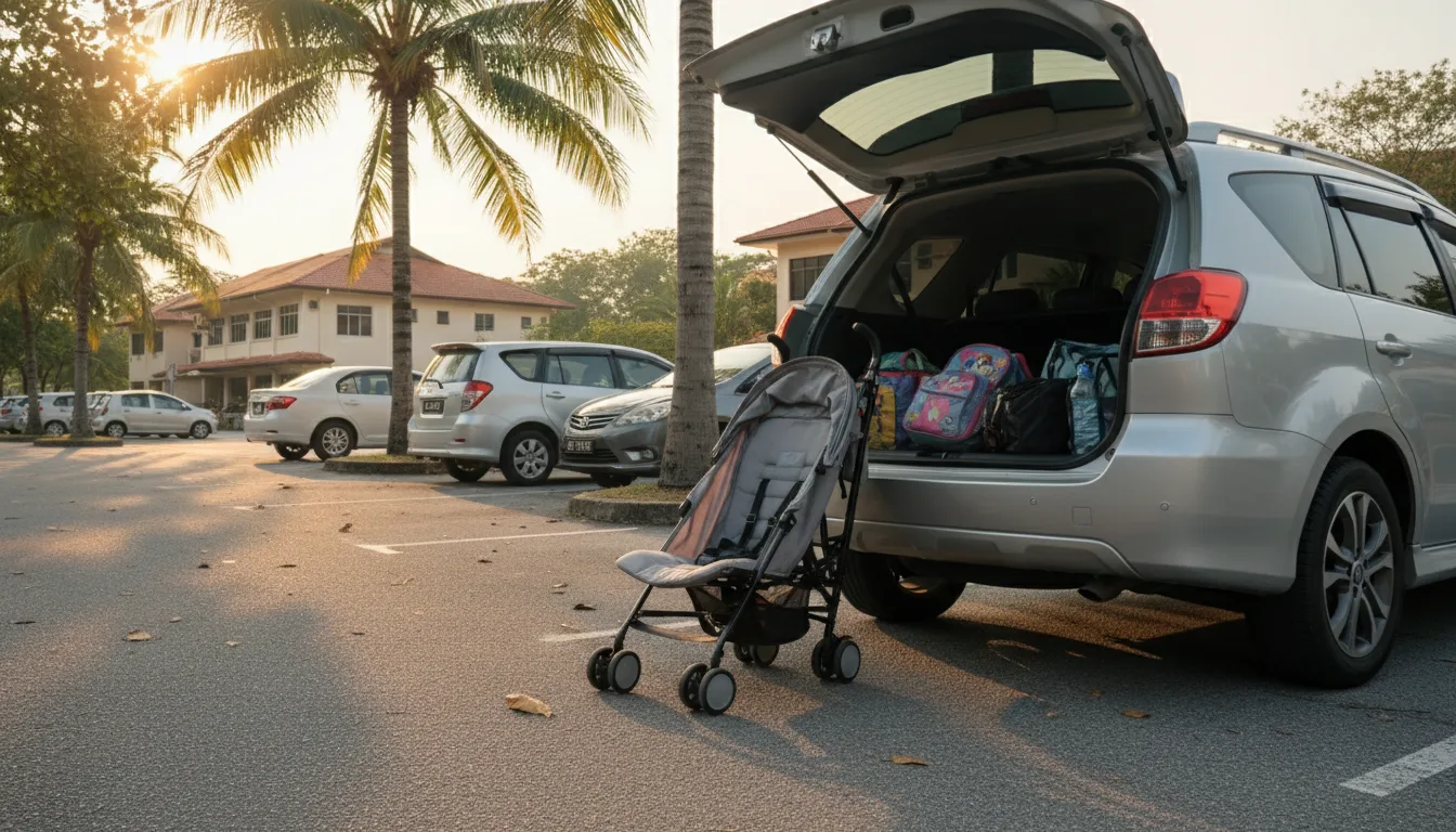 A folded stroller by a car boot