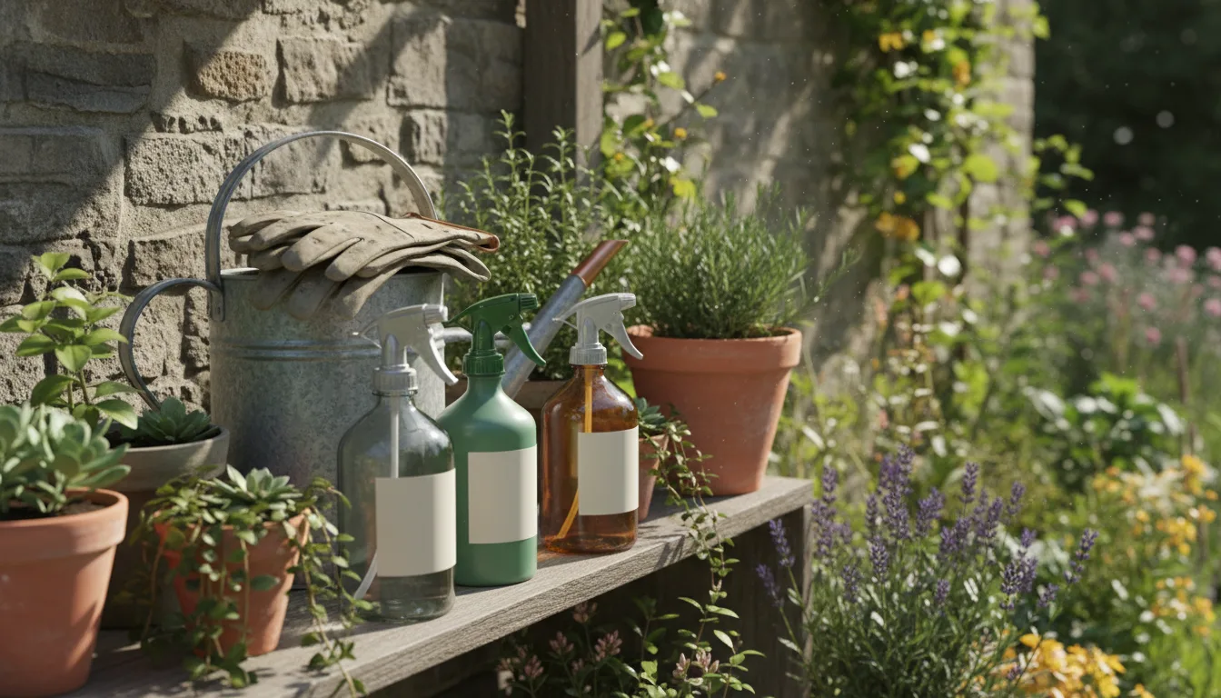 Garden spray bottles on a shelf