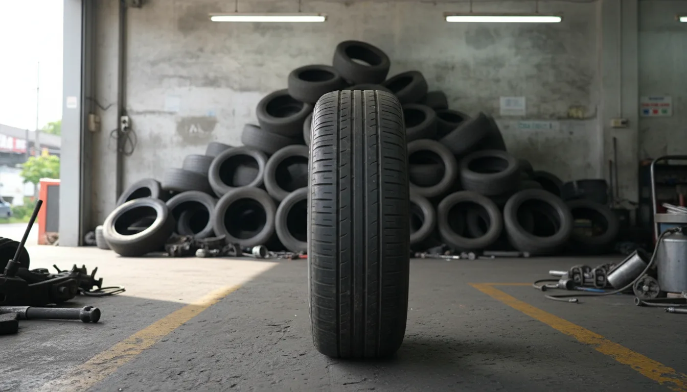 Car tyres in a workshop