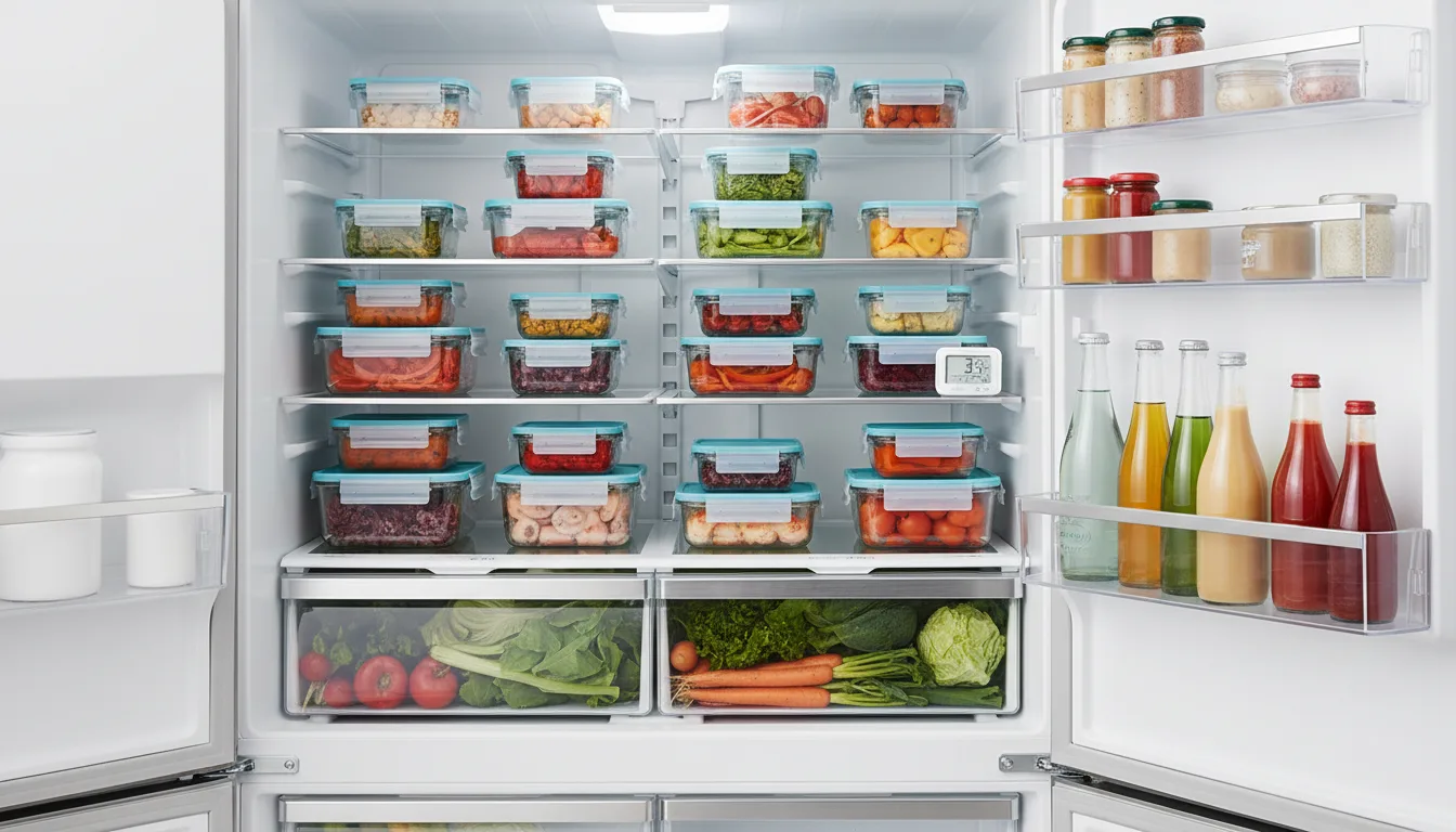 A stocked fridge with a thermometer