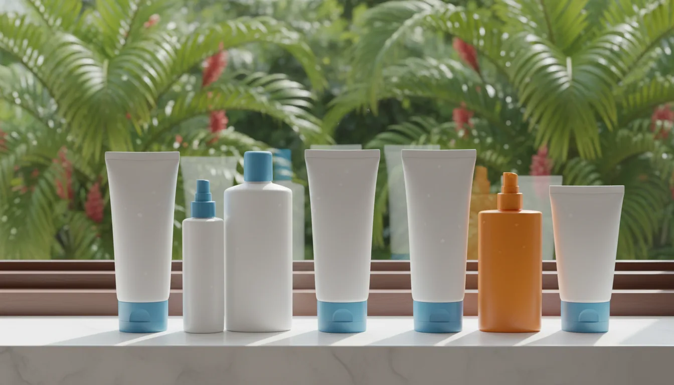 Sunscreen bottles on a windowsill