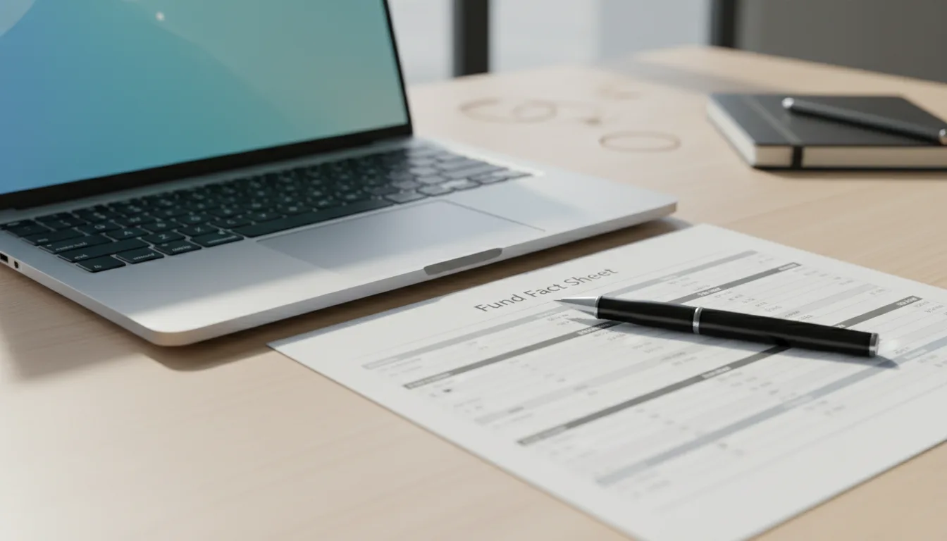 A laptop and a fund fact sheet