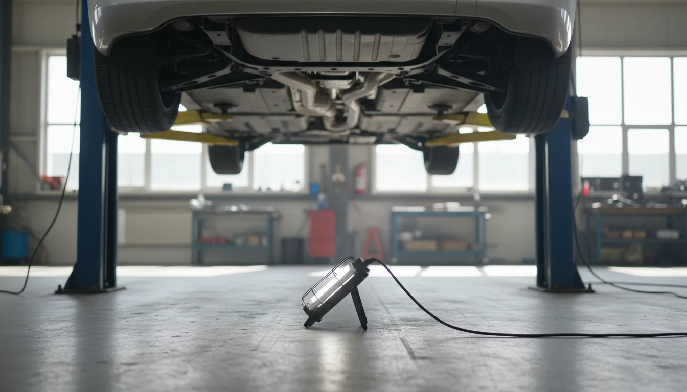 A car on a workshop hoist