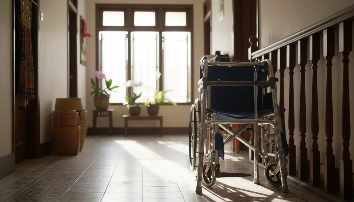 A walking frame and wheelchair in a hallway