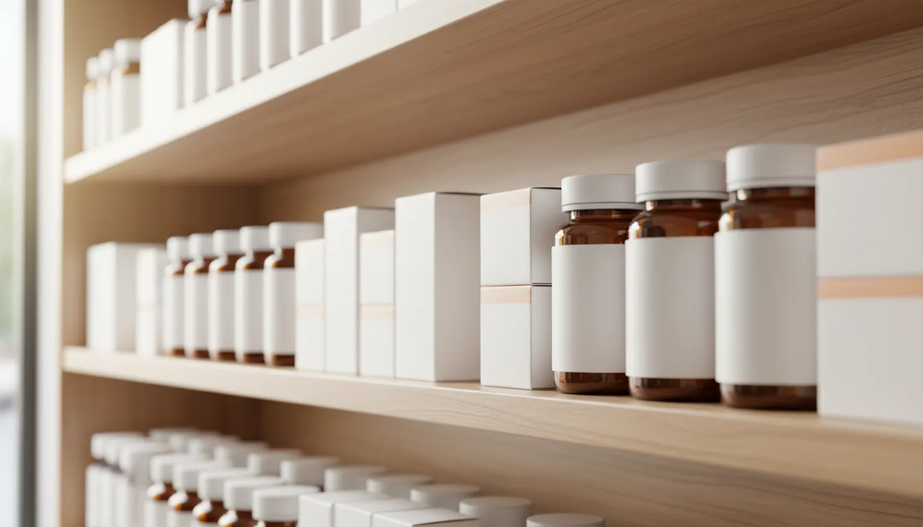 Supplements on a pharmacy shelf