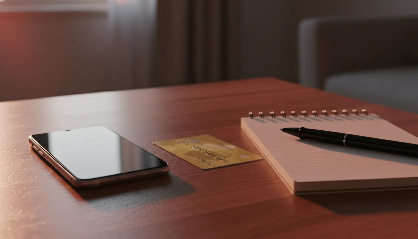 A phone and bank card on a table at night