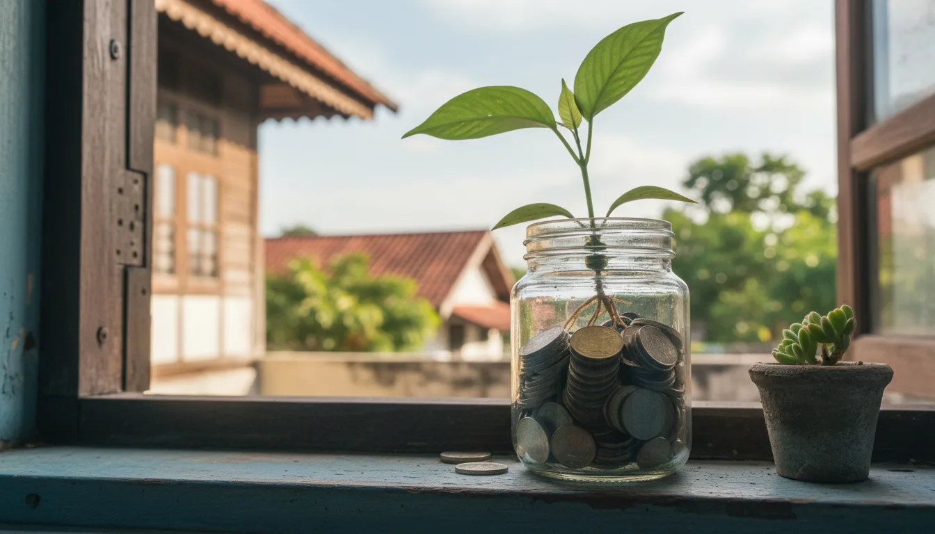 A savings jar with a seedling