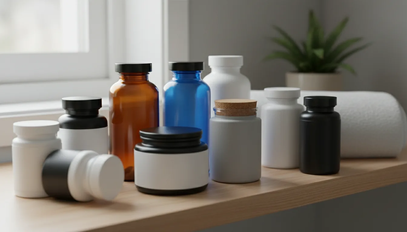 Supplement bottles on a shelf